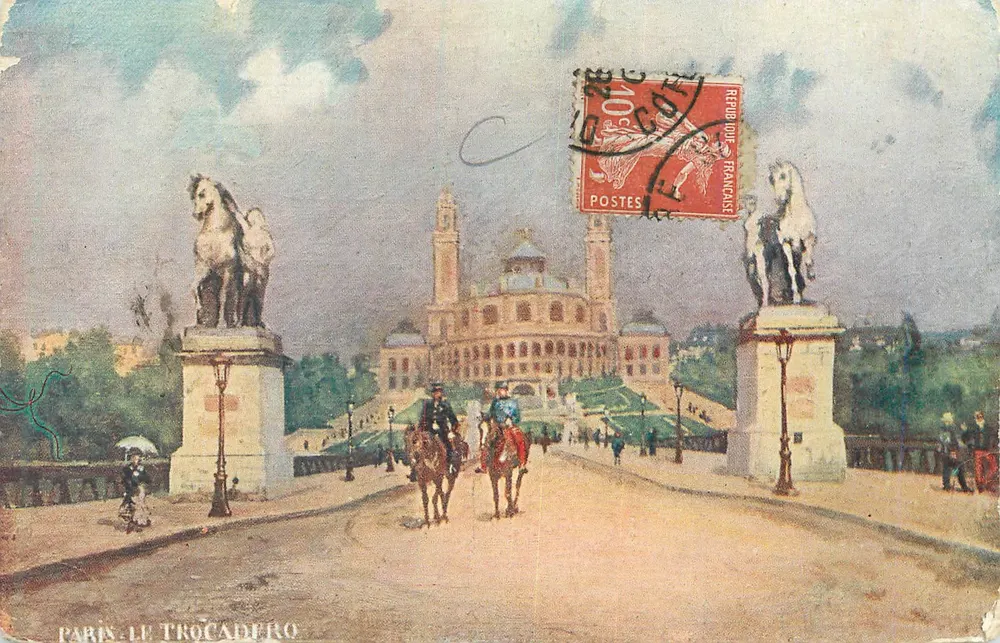 Paryż — Trocadéro — widok mostu z figurami konnymi — nieznany wydawca - Awers