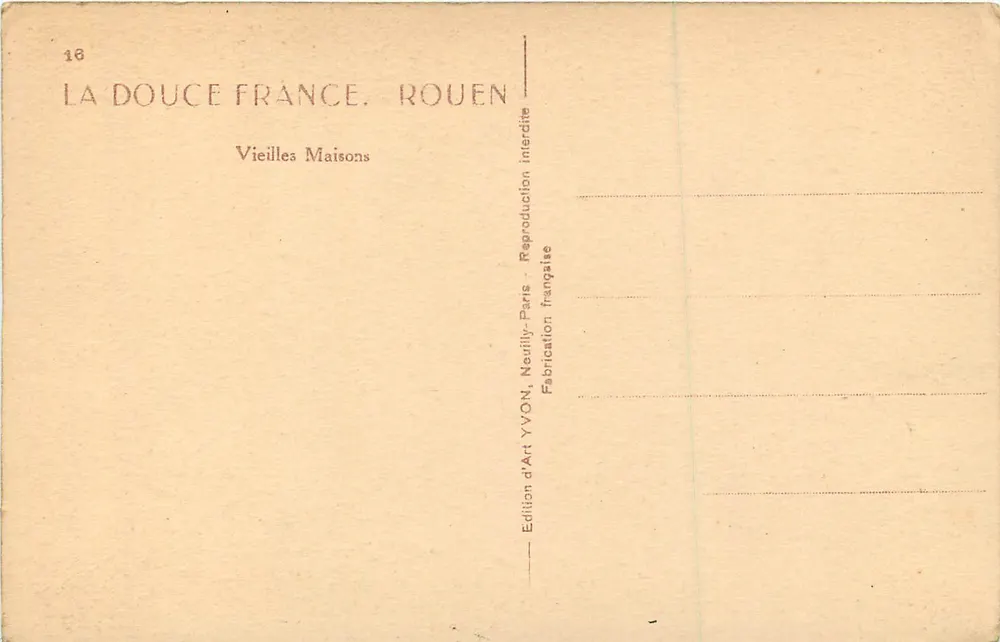 Rouen — Vieilles Maisons — Édition d'Art YVON, Neuilly-Paris - Verso