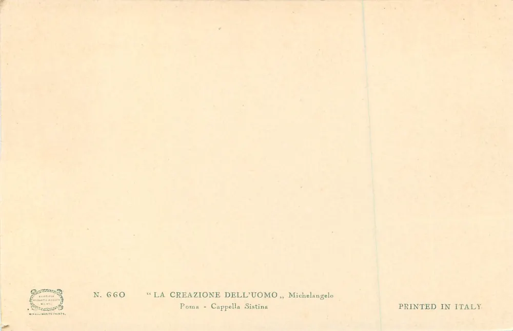 Die Schöpfung des Menschen — Sixtinische Kapelle — Verlag: Phototypie Édouard Pogge, Mailand, Nr. 660 - Rückseite