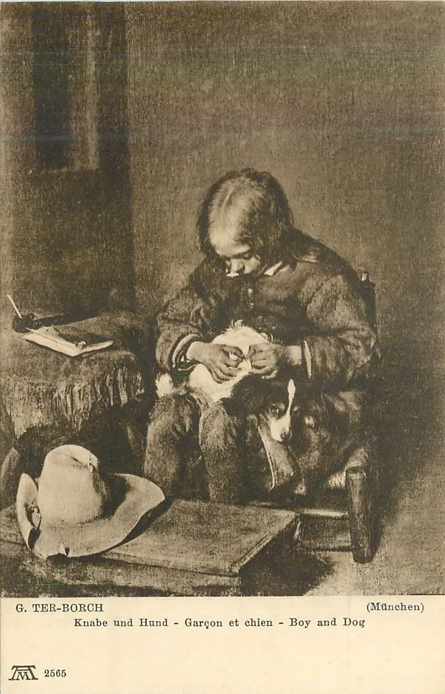 Menino e cachorro — G. Ter-Borch — série 2565 — editor F.A. Ackermann, Munique - Frente