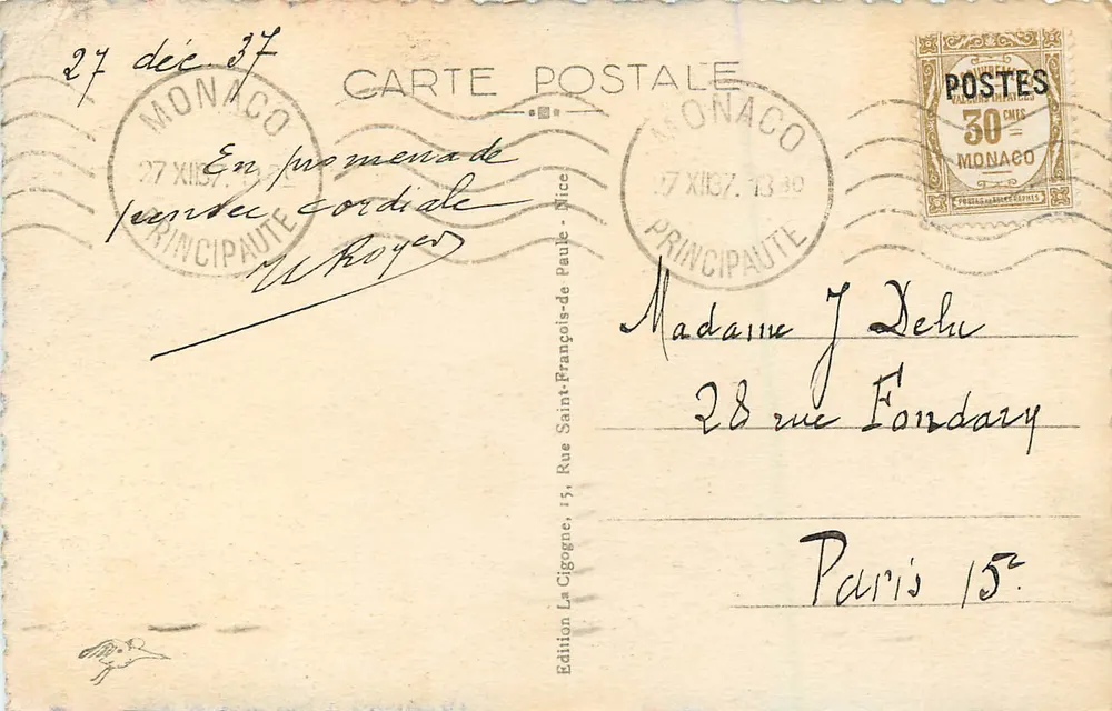 Monaco - Le Rocher - Vista tomada desde la Moyenne Corniche — Edición Carte Postale, n°1432 - Reverso