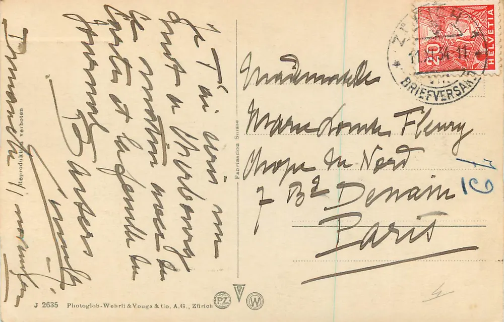 Vista de Zurique — lago e cais — Photoglob-Wehrli & Vouga & Co. A.G., Zurique, n° J 2635 - Verso