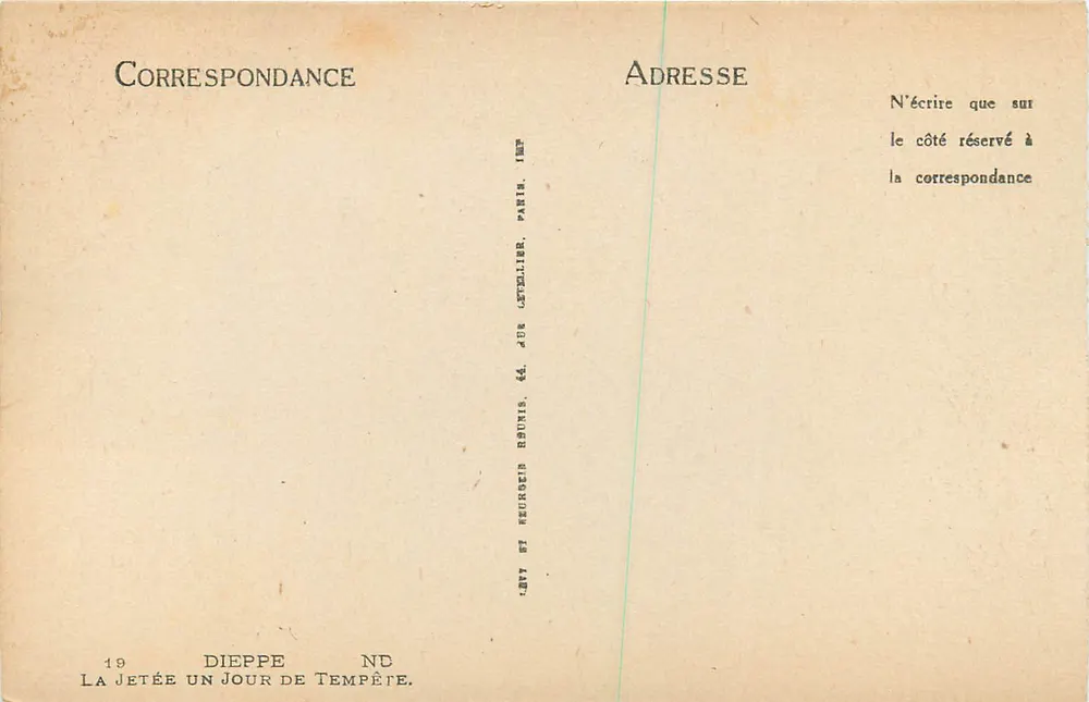 Dieppe — La jetée un jour de tempête — Éd. J. & A. Lepeuiller, Paris - Verso
