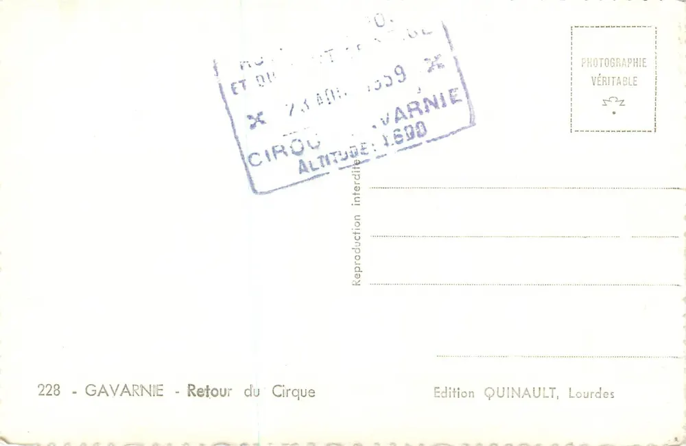 Retorno do Circo — Gavarnie — Edição Quinault, Lourdes - Verso
