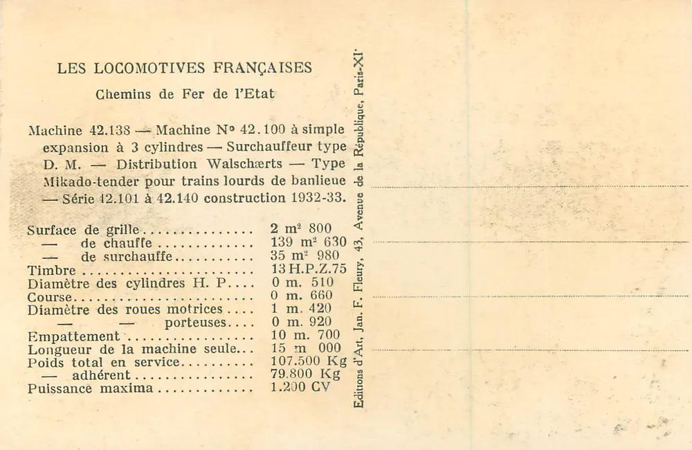 Dreizylinder-Lokomotive — Überheizer-Typ D.M. — Mikado-Tender-Typ — Serie 42.101 bis 42.140 — Verlag: Éditions d'Art, Paris - Rückseite