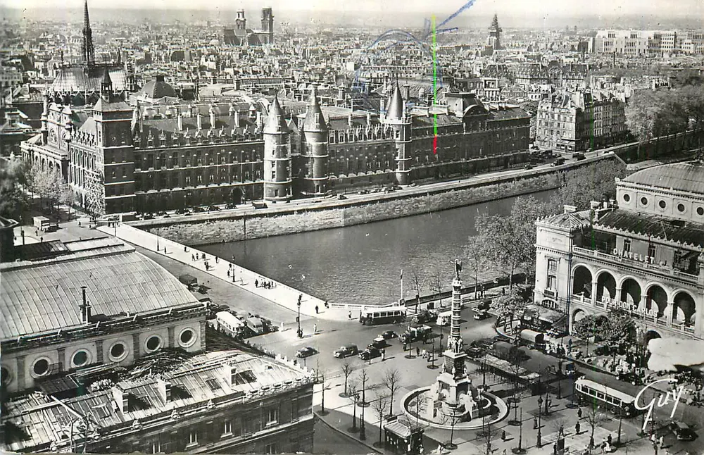 Platz des Châtelet — luftige Ansicht mit der Fontäne des Palmengartens, dem Theater des Châtelet und dem Palast der Justiz — André Lecointe, Éditions Véritable - Vorderseite