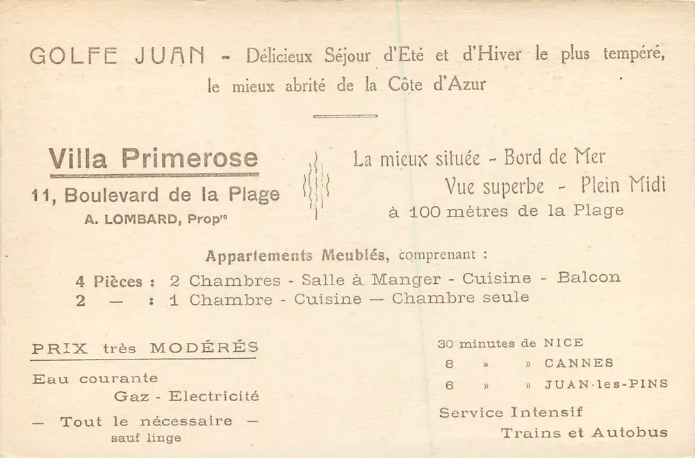 Golfe Juan — Villa Primerose — Compagnie Adrienne Française - Rückseite