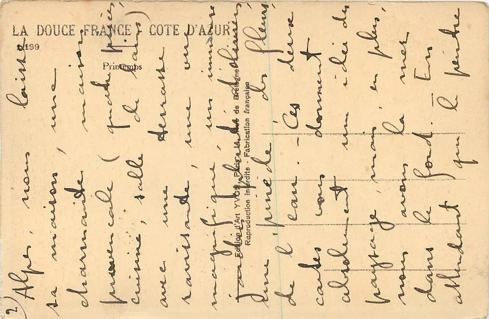 Deux personnes dans un verger en fleurs — La Douce France, Côte d'Azur — Édition Yvon, n°199 - Verso