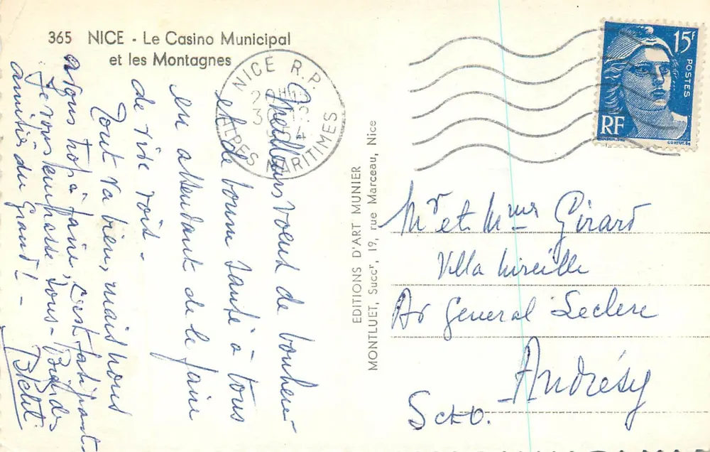 Nice - Le Casino Municipal et les Montagnes — Éditions d'Art Munier, n° 365 - Verso