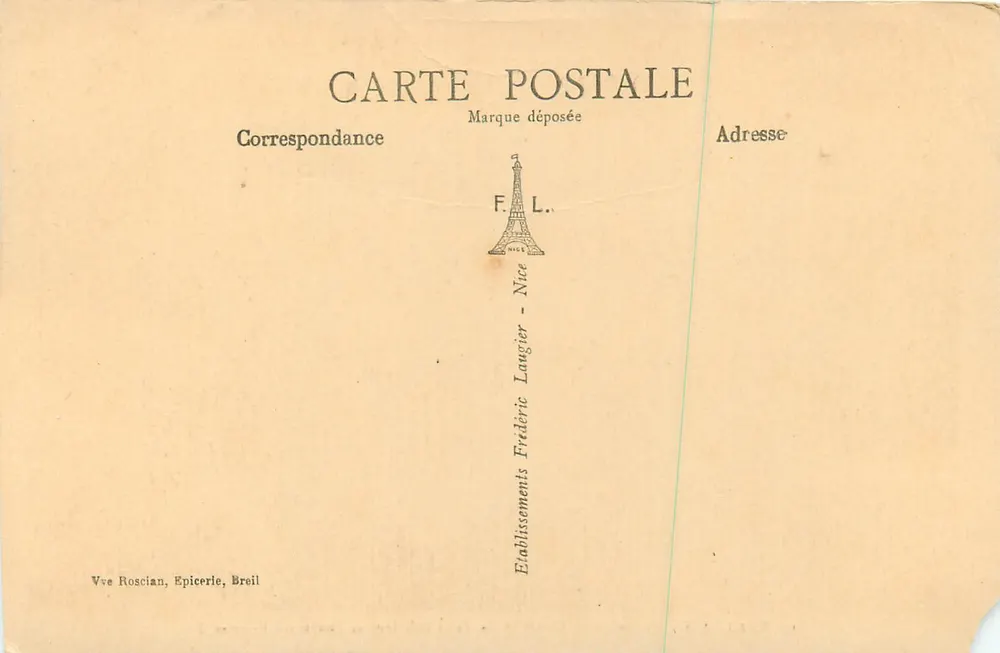 Breil (A.M.) — Quartier du Pont inférieur et Boulevard Rouvier — Éditeur Vve Roscian, Epicerie, Breil - Verso