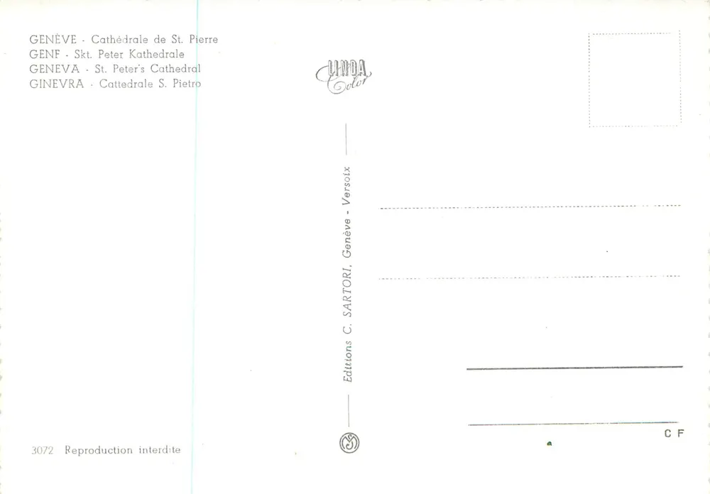 Catedral de São Pedro — Genebra — Éditions C. Sartori, n° 3072 - Verso
