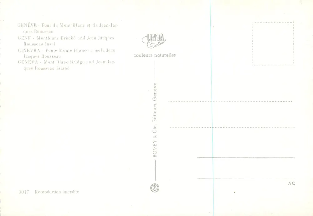 Genève - Pont du Mont-Blanc et île Jean-Jacques Rousseau — BOVEY & Cie, Genève, n° 3017 - Verso