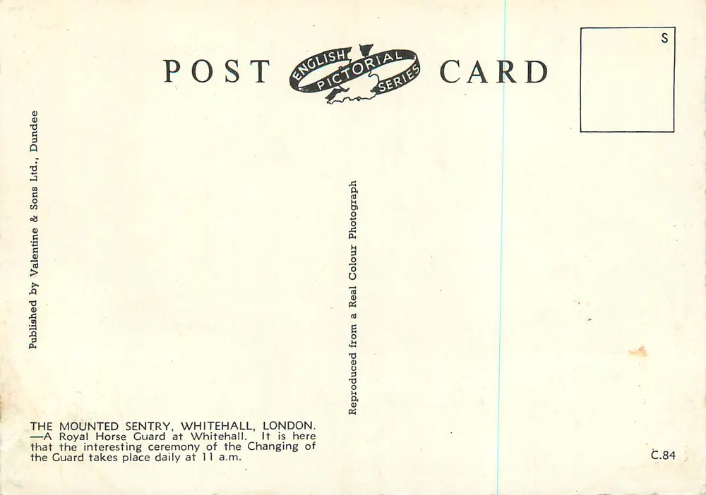 O Guarda a Cavalo — Whitehall, Londres — Editor Valentine & Sons Ltd., Dundee, série English Pictorial Series - Verso