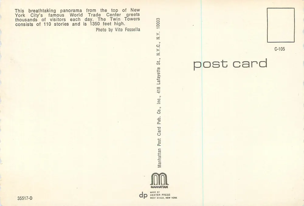 Vue nocturne de New York — pont et gratte-ciel — Manhattan Post Card Pub. Co., N.Y.C. - Verso