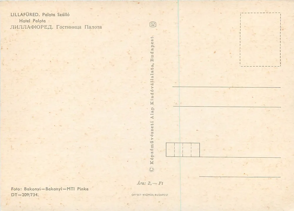 Hôtel Palota à Lillafüred — vue intérieure de vitraux, façade jaune et vue lacustre — éditeur Bakonyi-MTI Pinke, Budapest - Verso
