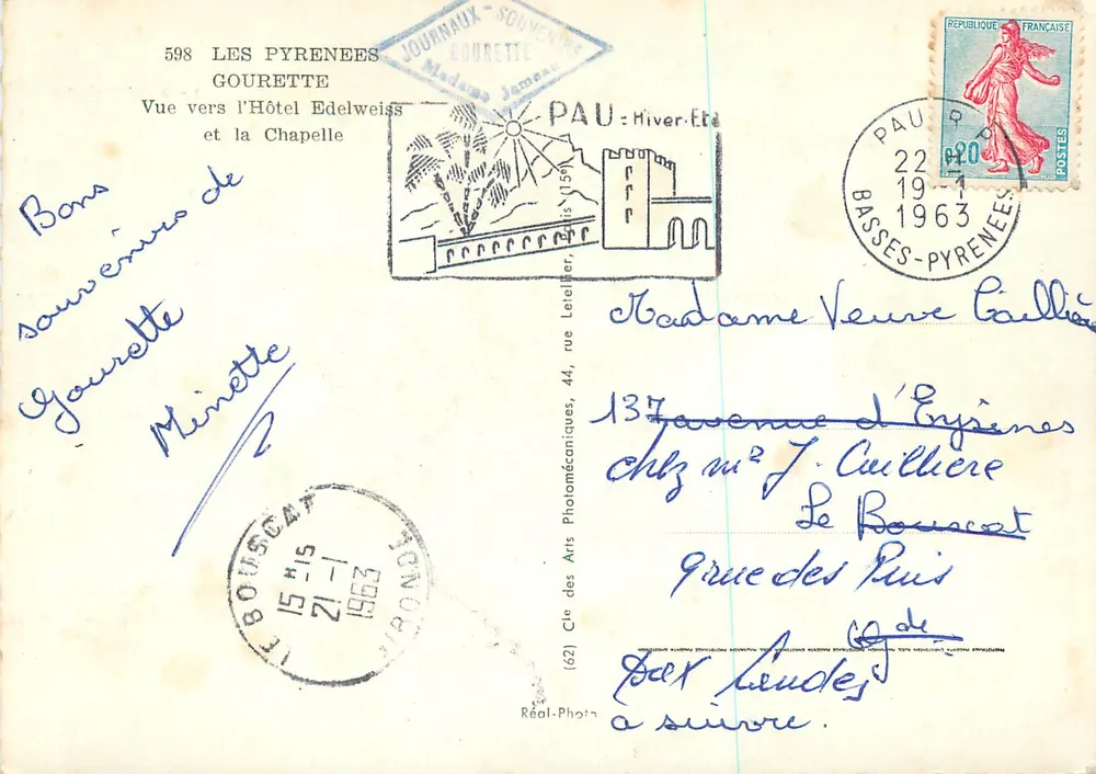 Ausblick zum Hotel Edelweiss und zur Kapelle — Gourette — Journaux-Souvenirs - Rückseite