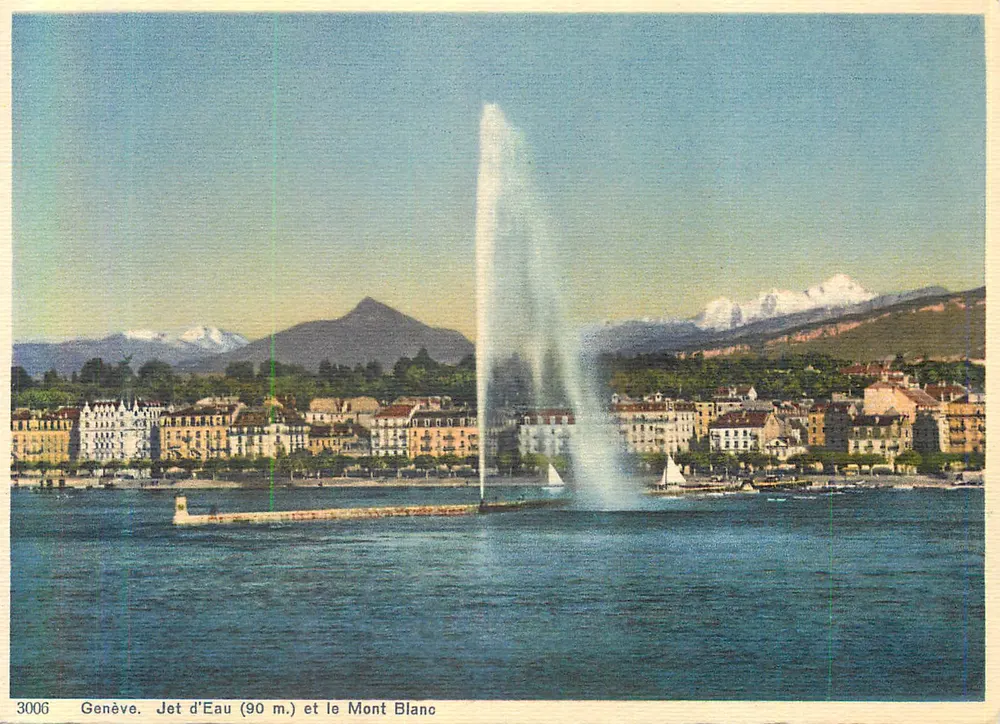 Genève. Jet d'Eau (90 m.) et le Mont Blanc — Éditeur O. Sartori, n° 3006 - Recto
