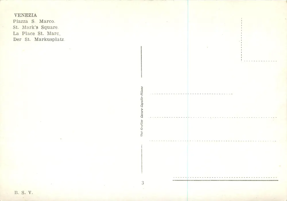 Veneza — Praça de São Marcos — vista com pombos e campanário — editor Tha. Grafico Cazzaro Capello-Milano, n°3 - Verso