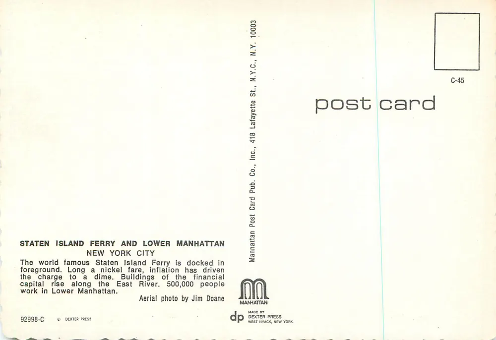 Staten Island Ferry and Lower Manhattan — New York City — DEXTER PRESS, C-45 - Verso