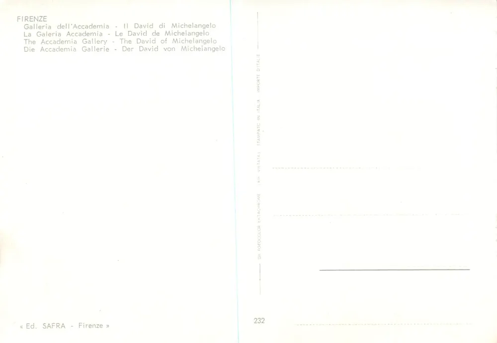 David de Michelangelo — statue dans la Galerie de l'Accademia — éditeur Ed. SAFRA, n° 232 - Verso