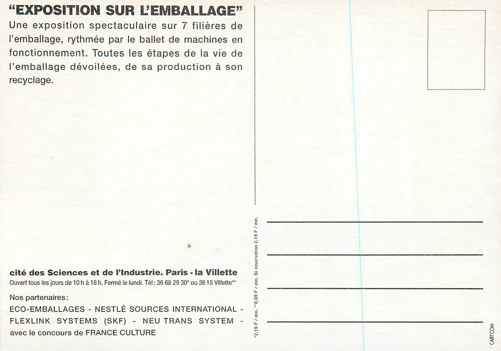 Exposição sobre Embalagem — La Villette, Cité des Sciences et de l'Industrie — número de série não visível - Verso