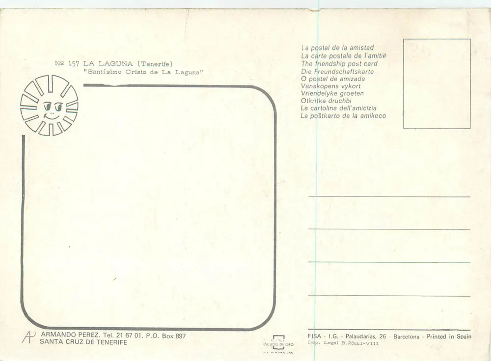 Santísimo Cristo de La Laguna — Tenerife — éditeur Armando Pérez, n° 157 - Verso