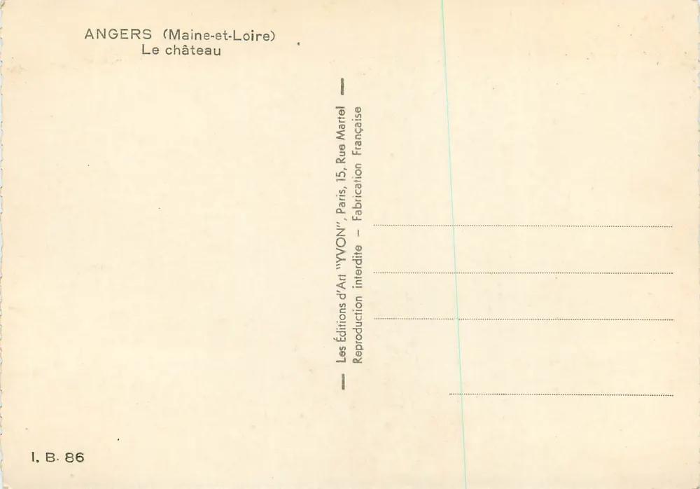 Angers (Maine-et-Loire) — O castelo — Edições de Arte 'Yvon', n° I.B. 86 - Verso