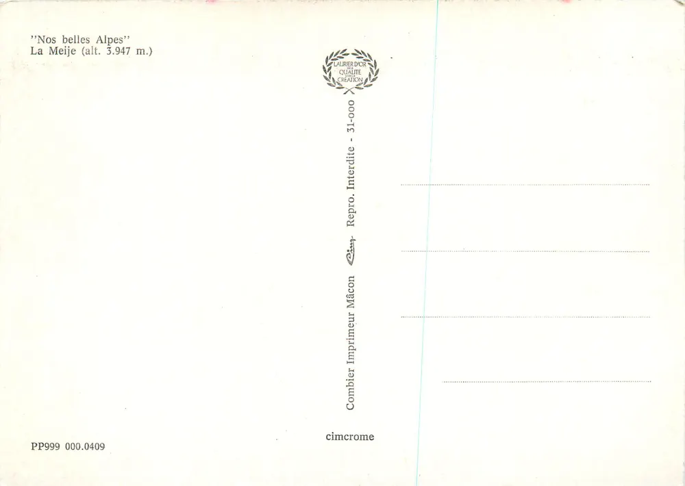 La Meije — vue panoramique — Combière Imprimeur Mâcon, n° PP999 000.0409 - Verso