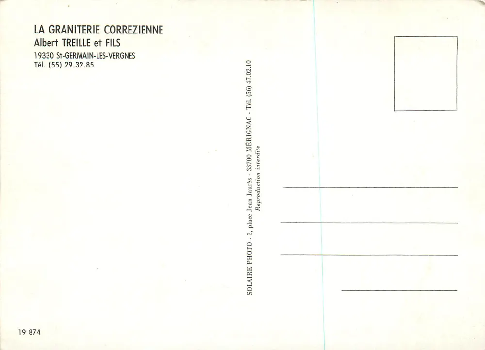 Saint-Germain-les-Vergnes — Luftbild des Dorfes und der Granitgrube — Verlag Solaire Photo, n° 19 874 - Rückseite