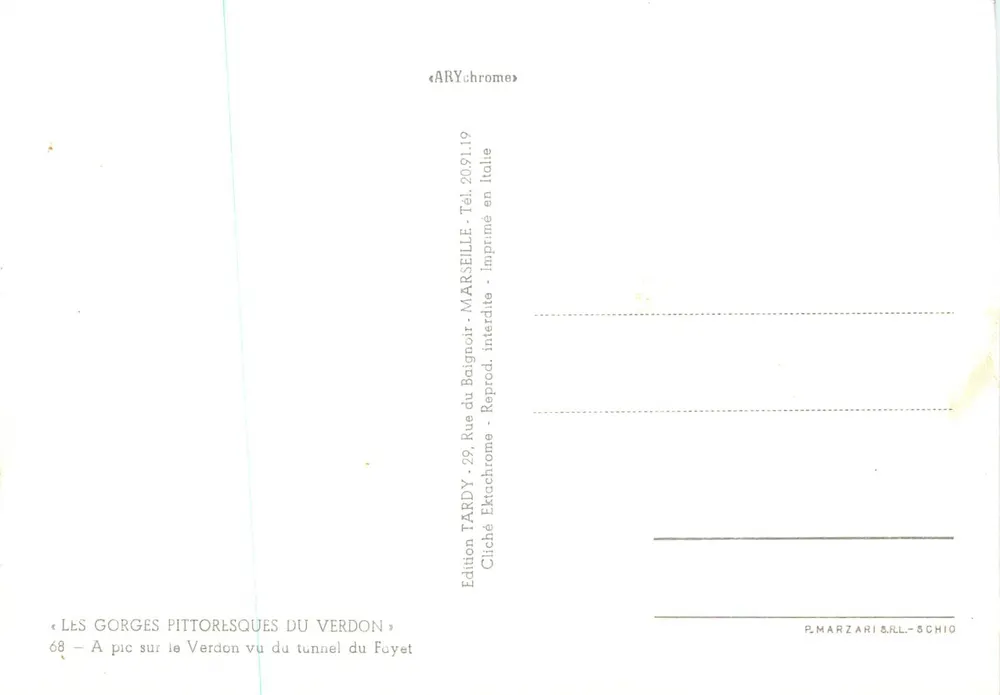 Les Gorges pittoresques du Verdon — A pic sur le Verdon vu du tunnel du Fuyet — Édition Tardy - Verso