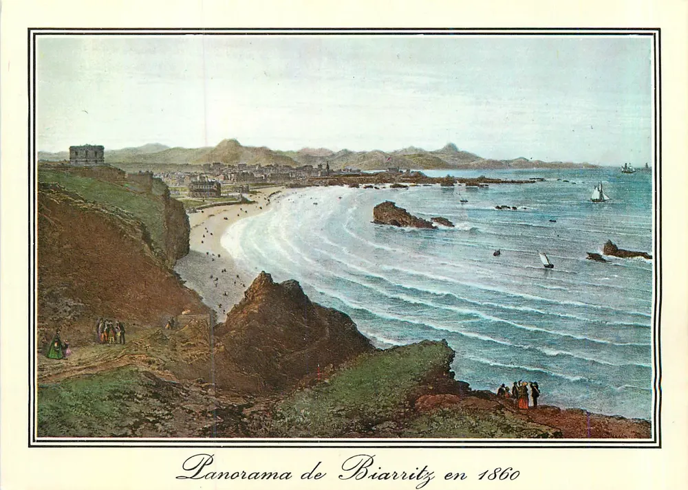 Panorama de Biarritz em 1860 — vista do Rocher do Farol com a Grande Praia, o Palácio Imperial e a Estação dos Pirineus — Editor N 4794 - Frente