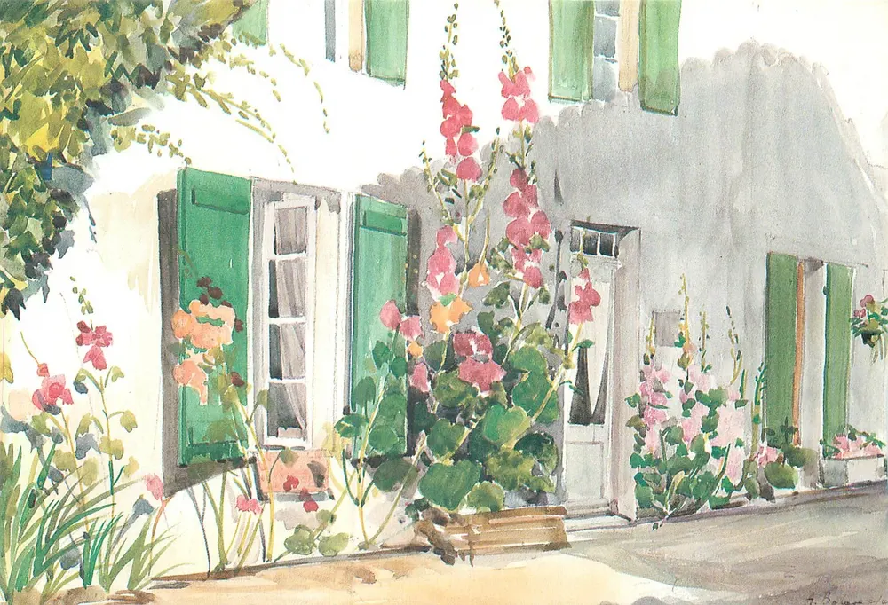 Violettes vertes et roses trémérières — Aquarelle d'Annick Balaresque — Cartina A 42 — Ile de Ré — Charente-Maritime - Recto