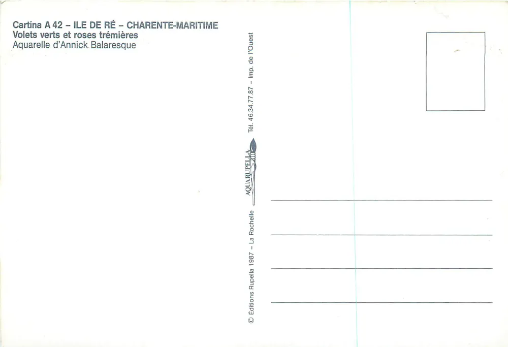 Violettes vertes et roses trémérières — Aquarelle d'Annick Balaresque — Cartina A 42 — Ile de Ré — Charente-Maritime - Verso