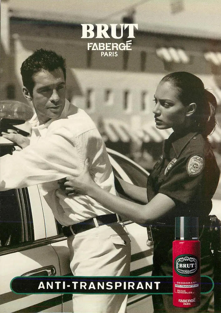 Police et homme — publicité pour Brut Fabergé Paris — éditeur Cartcom - Recto