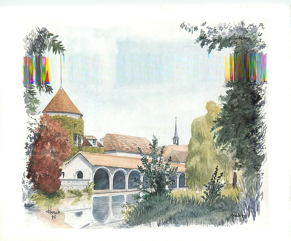 Chablis (Yonne) — Das Waschhaus der Stadt und die Kirche Saint-Martin — Aquarell von Roger Hirsch - Vorderseite