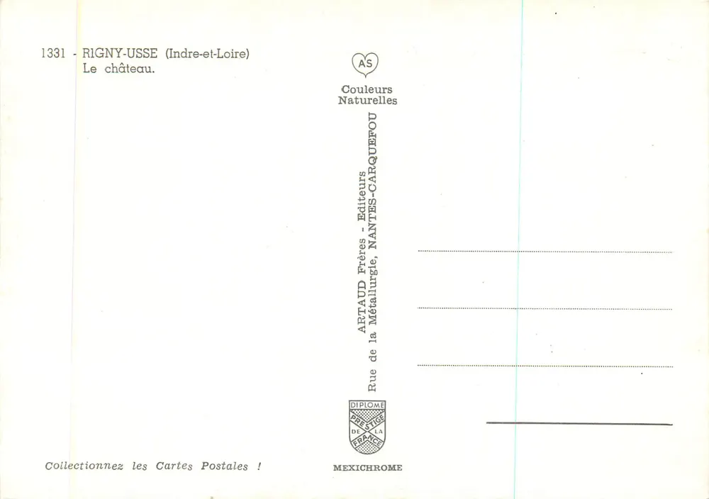 Rigny-Usse — O castelo — Artaud Frères, Nantes - Verso