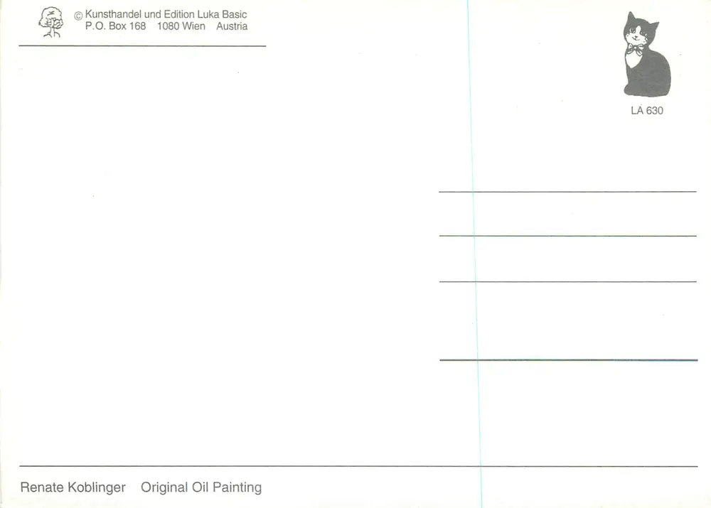 Dois filhotes sobre um piso — pássaro azul carregando um buquê — obra de Renate Koblinger — edição Luka Basic, Viena - Verso