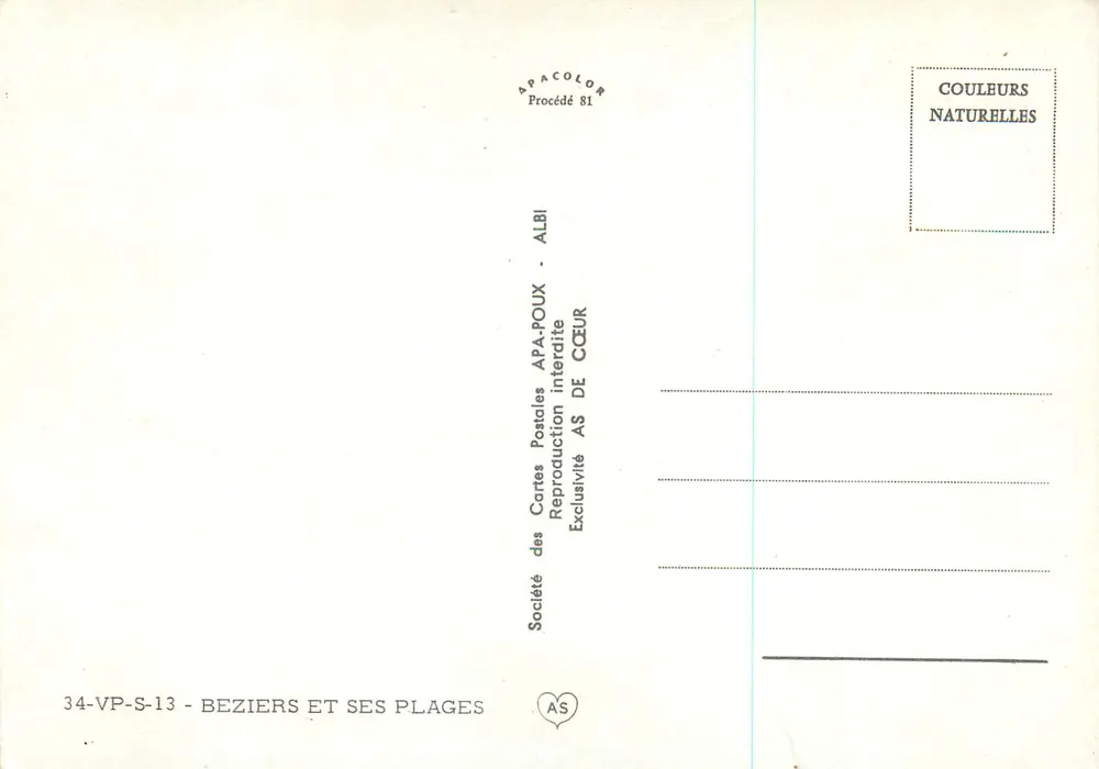 Beziers et ses plages — Société des Cartes Postales APA-POUX - ALBI - Verso