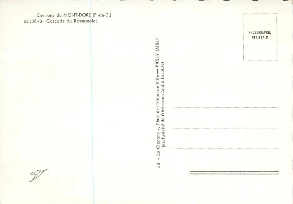 Cascata do Rossignolet — Em torno do Mont-Dore — Ed. A Coruja, n° 63.236.43 - Verso