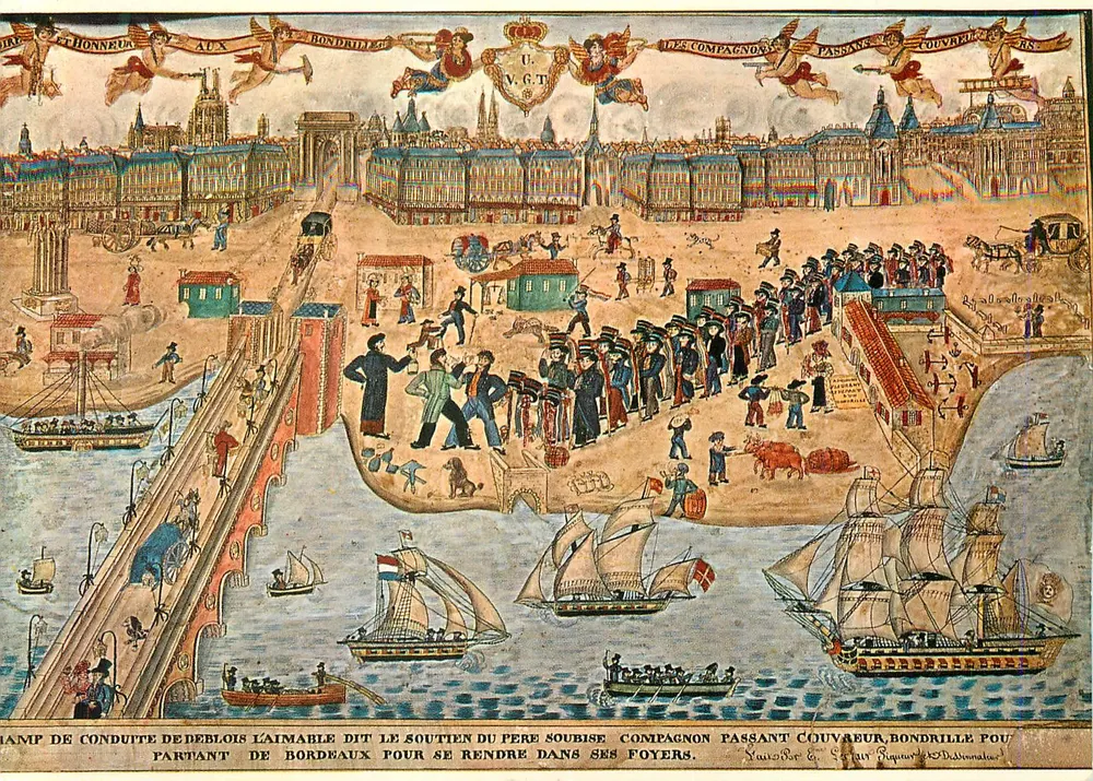 Camp de conduite de Deblois l'aimable dit le soutien du père soublise companheiro passante cobertor bondrille para sair de Bordeaux para se dirigir aos seus lares — Étienne Leclair, cerca de 1825 - Frente