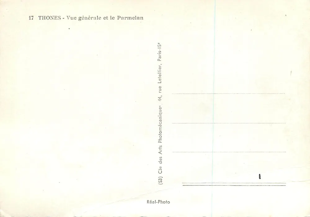 Thones — Vue générale et le Parmelan — Cie des Arts Photomécaniques, Paris - Verso