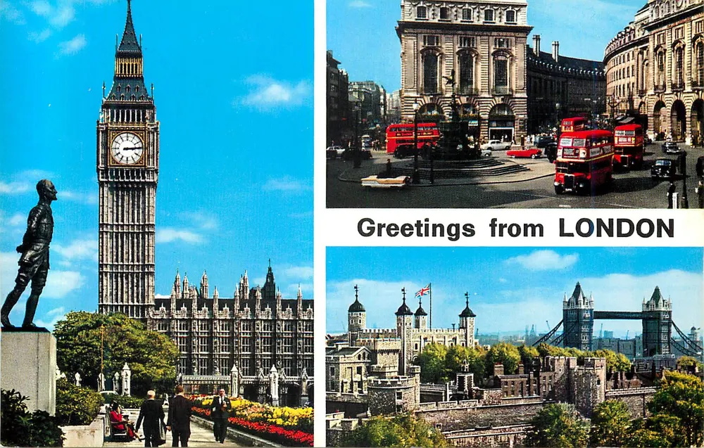 Londres — vista de Big Ben, ônibus vermelhos e Ponte Tower — editor John Hinde Ltd. - Frente