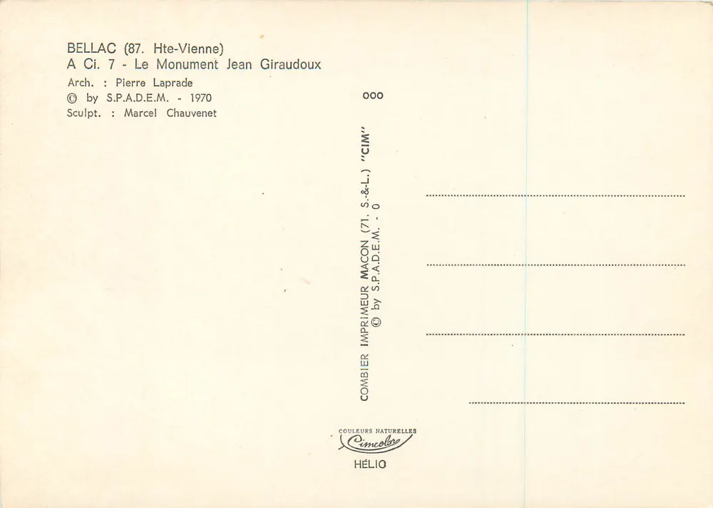 Bellac (87) - Le Monument Jean Giraudoux — éditeur CIM, n° 000 - Verso