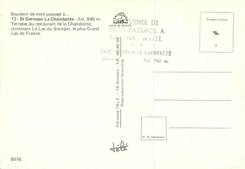 Terrasse des Restaurants der Chambotte — Saint-Germain-la-Chambotte, H. 940 m. — Éditions Télé, Nr. 6016 - Rückseite