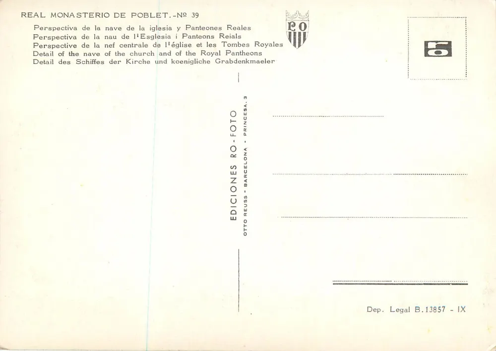 Kloster Poblet — Perspektive der Mittelkapelle und der Königlichen Pantheons — Edition Reuss, Barcelona, Nr. 39 - Rückseite
