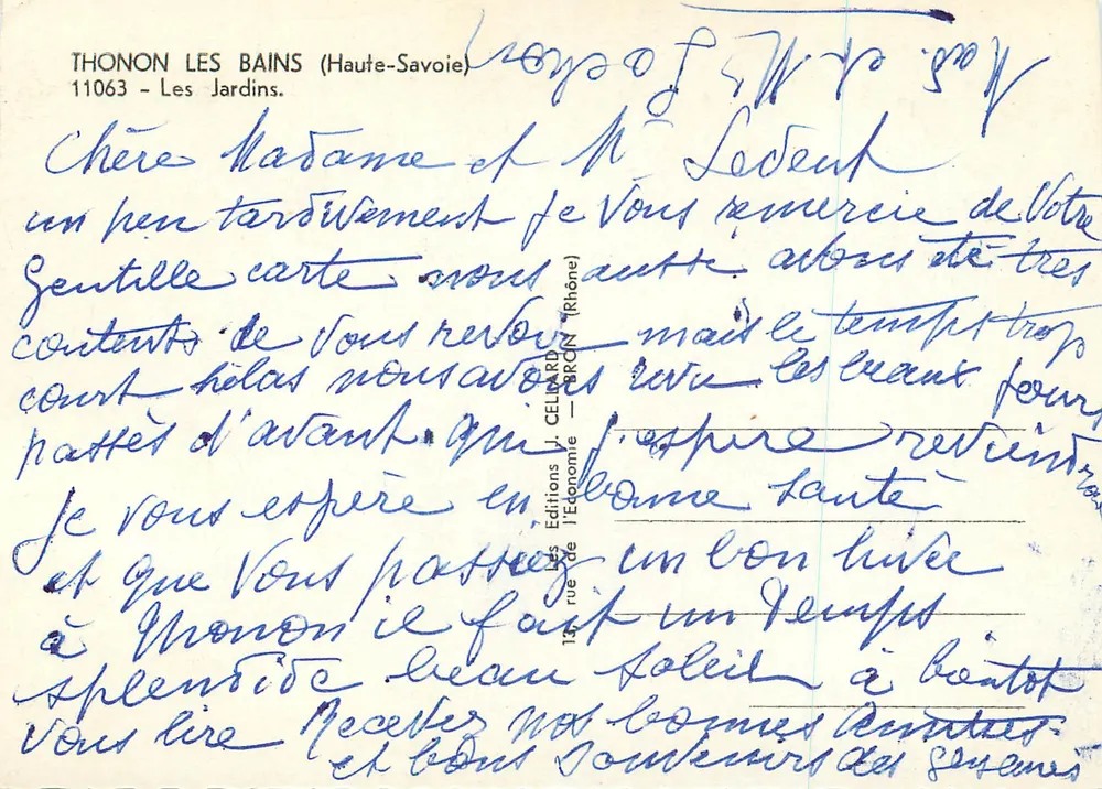 Thonon-les-Bains — Les Jardins — Éditions J. Célard (Rhône) - Verso