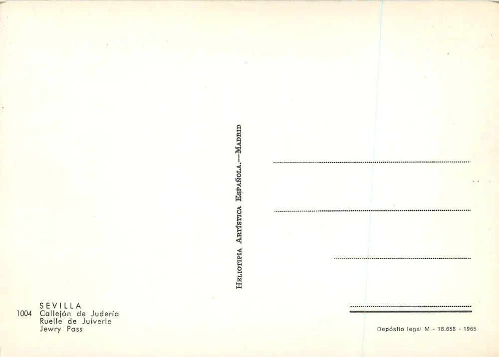 Sevilha — Callejón de Judería — Heliotipa Artística Española, n° 1004 - Verso