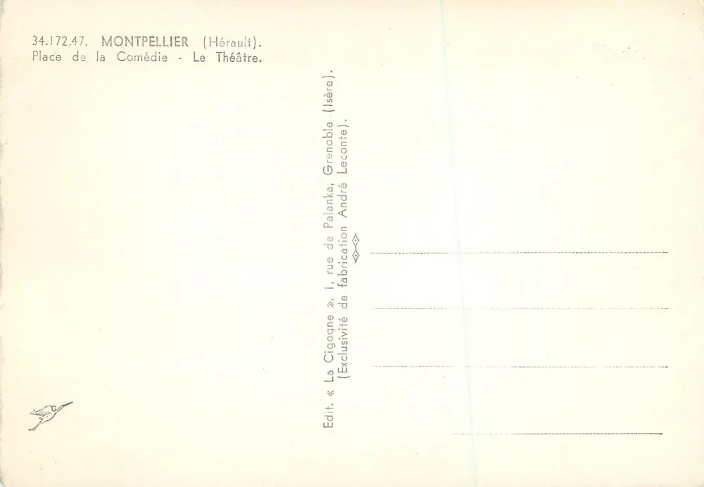 Montpellier (Hérault) — Place de la Comédie — Le Théâtre — Édit. « La Cigogne » - Verso