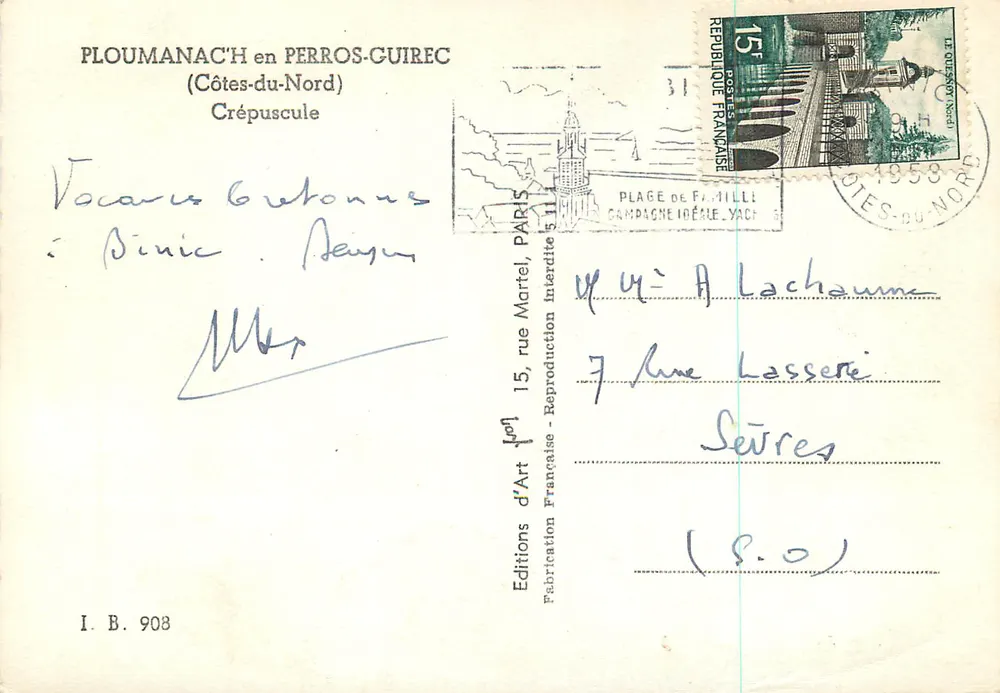 Ploumanac'h en Perros-Guirec (Côtes-du-Nord) — Crépuscule — Éditions d'Art Française, I.B. 908 - Verso