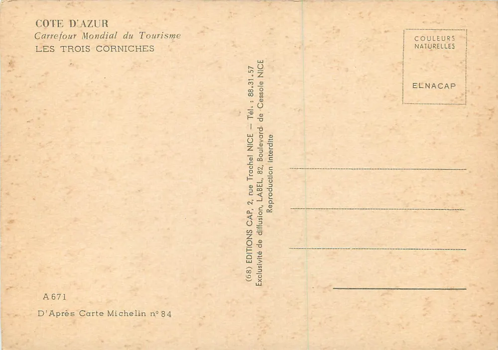 Côte d'Azur — Route des Trois Corniches — Éditions Carrefour Mondial du Tourisme - Rückseite